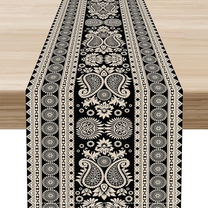 Black Paisley Table Runner, Rustic Damask Antique Floral Flower Retro Boho Swirled Pattern Coffee Vintage Table Center Decor for Family Kitchen and Living Room Outdoor Table Decorations, 13" X 72"