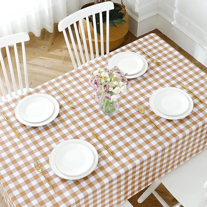 Romanstile Rectangle Vinyl Tablecloth, 100% Waterproof Buffalo Gingham Plastic Table Cloth, Heavy Duty Wipeable Checkered Table Covers for Outdoor, Camping, Picnic, Patio - 60 x 102, Coffee and White