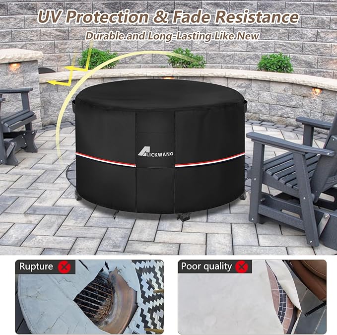 Fire Pit Cover Round 44 Inch Waterproof,Outdoor Heavy Duty Durable 600D Tear-Resistant Fire Pit Table Cover,Patio Round Firepit Cover 44" D x 24" H, Black