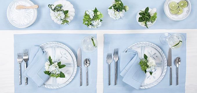 Solino Home Sky Blue Table Runner 90 Inches Long - 100% Pure Linen Hemstitch 14 x 90 Inch Table Runner for Dining, Spring, Easter - Classic Hemstitch