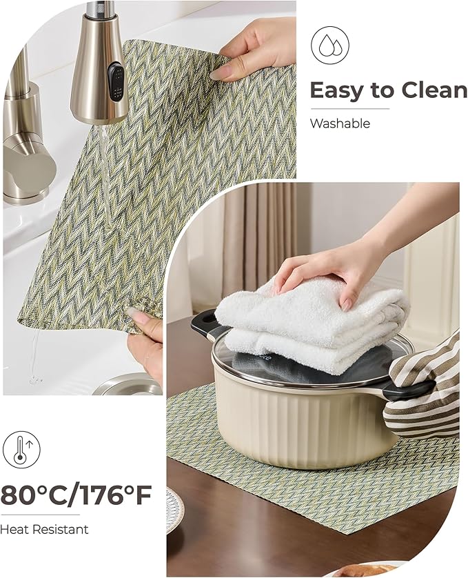 Leetaltree Green Placemats Set of 8 - Heat Resistant Non-Slip Place mats for Dining Table, Washable Durable PVC Vinyl Woven Table Mats（Green Zigzag, 8）