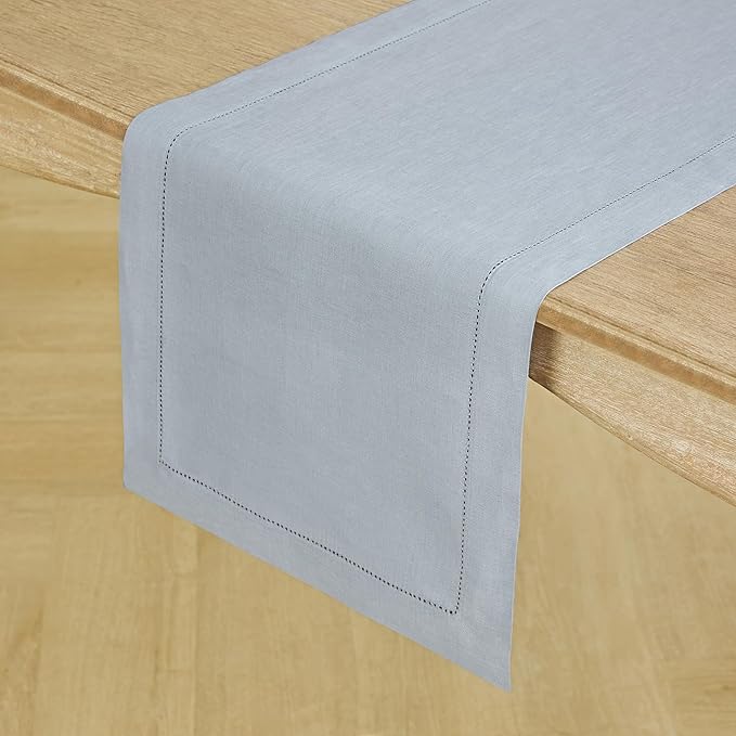 Solino Home Linen Dusty Blue Table Runner 108 Inches Long - 100% Pure Linen Hemstitch 14 x 108 Inch Table Runner for Dining, Winter, Spring, Easter - Classic Hemstitch