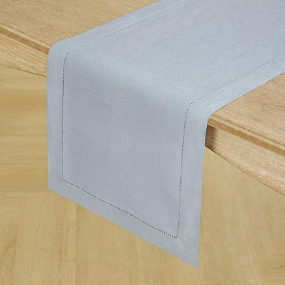 Solino Home Linen Dusty Blue Table Runner 108 Inches Long - 100% Pure Linen Hemstitch 14 x 108 Inch Table Runner for Dining, Winter, Spring, Easter - Classic Hemstitch