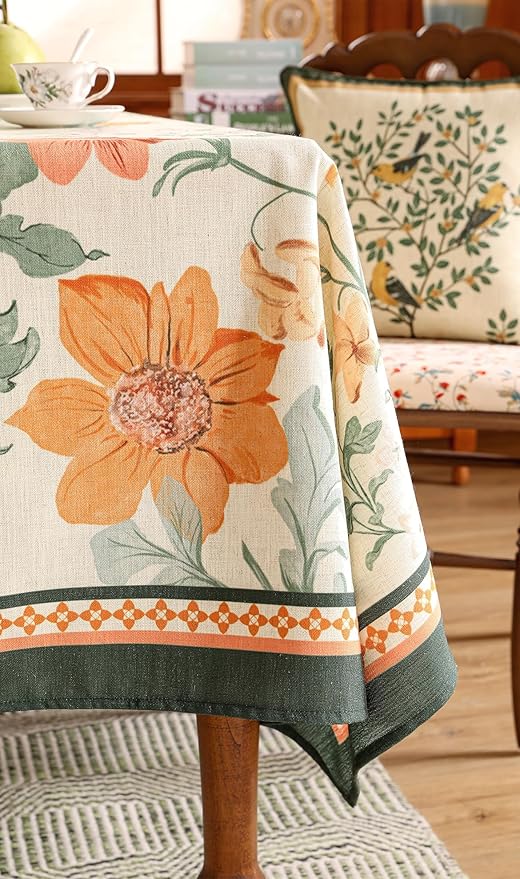 French Tablecloth for Rectangle Table,Linen Orange Floral Wrinkle Resistant Tablecloths,Decorative Table Cover for Kitchen,Dining,Tea Party,Thanksgiving,Christmas,63"*87"-Milch