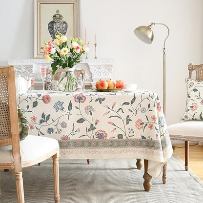 ISAENNE Designer Chinoiserie Linen Floral Long Tablecloth Rectangle,White Wrinkle Resistant Table Cloth,Elegant Decor Tablecloths for Dining Thanksgiving Kitchen Party Christmas,63"*94"-Daffy