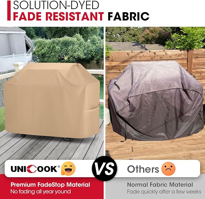 Unicook 75 Inch Grill Cover for Outdoor Grill, Heavy Duty Waterproof BBQ Cover for Outside, Compatible with Weber Char-Broil Nexgrill Kenmore Gas Grills up to 73”, All Weather Protection, Light Brown