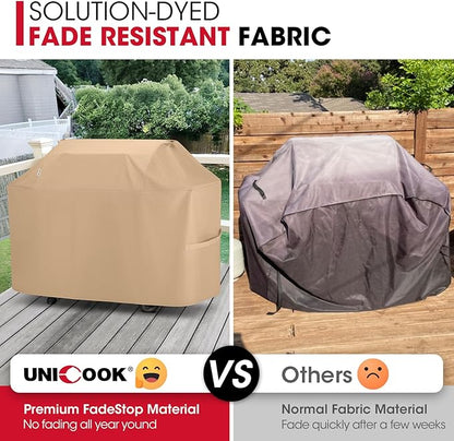 Unicook 75 Inch Grill Cover for Outdoor Grill, Heavy Duty Waterproof BBQ Cover for Outside, Compatible with Weber Char-Broil Nexgrill Kenmore Gas Grills up to 73”, All Weather Protection, Light Brown