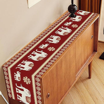 African Tribe Table Runner, Boho Red Elephants Tribal Traditional Diwali India Animal Ethnic Folk Rustic Coffee Table Center Decor for Home Kitchen Holiday Party Outdoor Table Decorations, 13"x108"