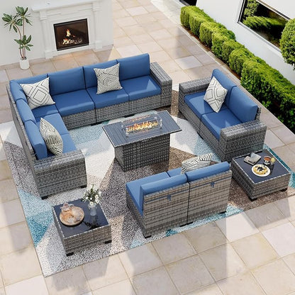 13 Piece Patio Furniture Set with Fire Pit Table, Outdoor Conversation Sets Grey Wicker Rattan Sectional Sofa, 4'' Thickened Cushion Navy Blue (Include Waterproof Cover)