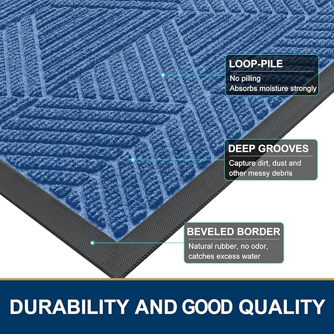 Smiry Front Door Mat Outside Entrance, Heavy Duty Sturdy Natural Rubber Doormat, Trap Dirt and Moisture, Easy Clean Low Profile Mats for Indoor Outdoor Entry, Irregular Triangle (29.5x17, Blue)