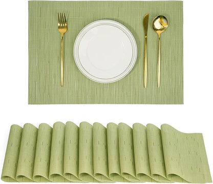 Placemats Set of 12，Christmas Non-Slip PVC Weave Table Mats Easy to Clean，Heat Resistant Place Mats for Kitchen Dining Table Decoration Indoor Outdoor，Pea Green