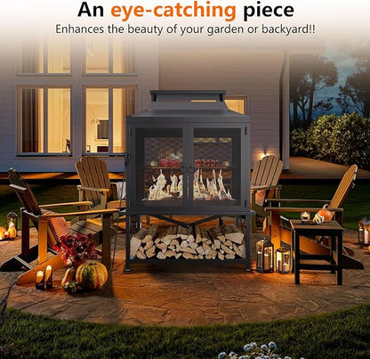 2-in-1 Metal Chiminea Fireplace with Grill,Wood Burning Outdoor Fireplace with Wood Storage, Chimney,Metal Mesh Spark Screen,and Fire Tongs Ideal for Yards,Patios, Gardens,Camping,and Picnics