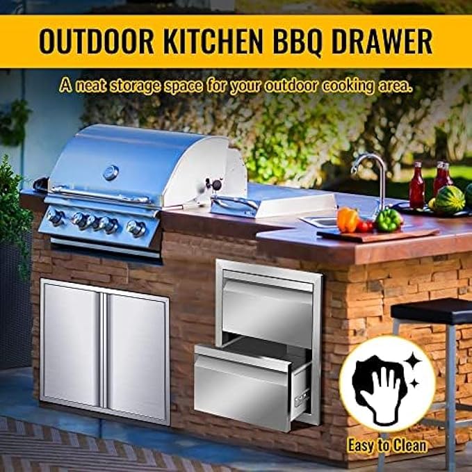 Outdoor Kitchen Stainless Steel Triple Access BBQ Drawers With Handle For BBQ Island Patio Grill Station,Double Drawers