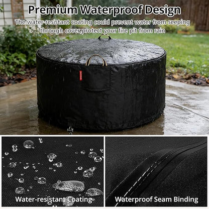 [2025 Upgraded 900D Fabric] Fire Pit Cover Round for 45-48 inch Fire Pit, 900D Heavy Duty Waterproof Fireplace Cover with Air Vent, Handle & Tightening Drawstring, 48"Dia x 24"H -Black