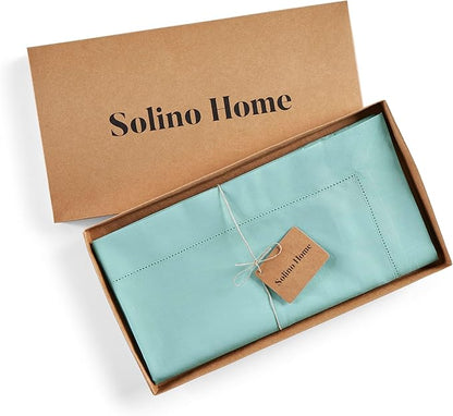 Solino Home Cotton Linen Table Runner 36 Inches - Pastel Turquoise Hemstitch Table Runner 14 x 36 Inch Ideal for Dresser and Coffee Tables, Spring, Easter