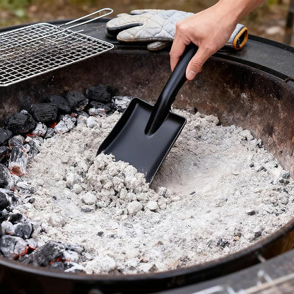 Metal Garden Ash Shovel, Black Steel, Compact Size with Leather Strap, for Fireplace, BBQ, Charcoal Cleanup