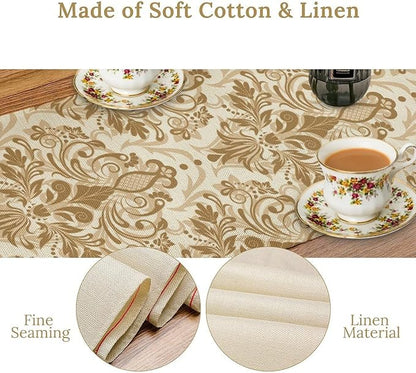 Damask Table Runner, Rustic Gothic Gold Baroque Style Floral Bohemian Boho Flower Antique Vintage Coffee Table Center Decor for Kitchen and Dining Outdoor Country Party Table Decorations, 13"x90"