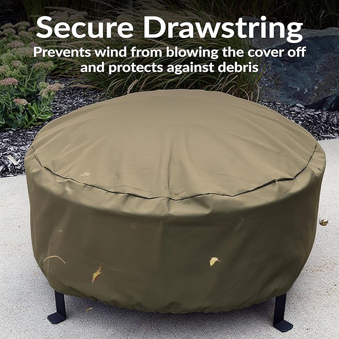 Sunnydaze Round Outdoor Fire Pit Cover - Heavy-Duty 300D Polyester and PVC with Drawstring Closure - Khaki - 36-Inch