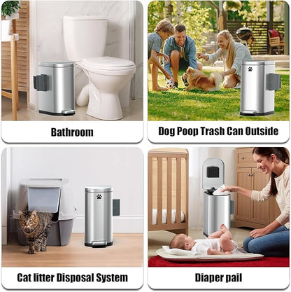Dog Poop Trash Can Outside with Odor Control Lid & Step Pedal, 3.2Gal Stainless Steel Outdoor Trash Can, Waterproof Dog Waste Container Station - Includes Carbon Filters & Paw Stickers