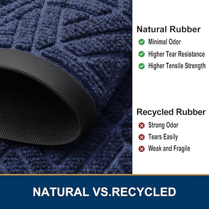 Smiry Front Door Mat Outside Entrance, Heavy Duty Sturdy Natural Rubber Doormat, Trap Dirt and Moisture, Easy Clean Low Profile Mats for Indoor Outdoor Entry, Grid Geometric (47x24, Navy Blue)