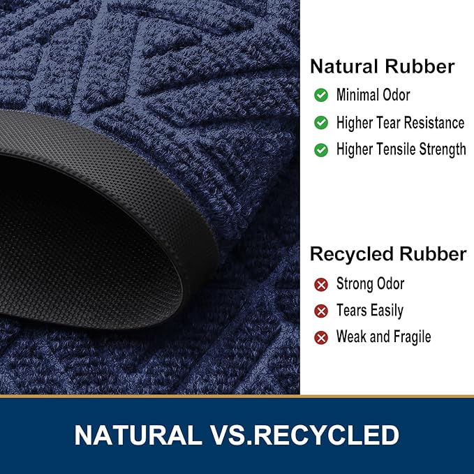 Smiry Front Door Mat Outside Entrance, Heavy Duty Sturdy Natural Rubber Doormat, Trap Dirt and Moisture, Easy Clean Low Profile Mats for Indoor Outdoor Entry, Grid Geometric (36x24, Navy Blue)
