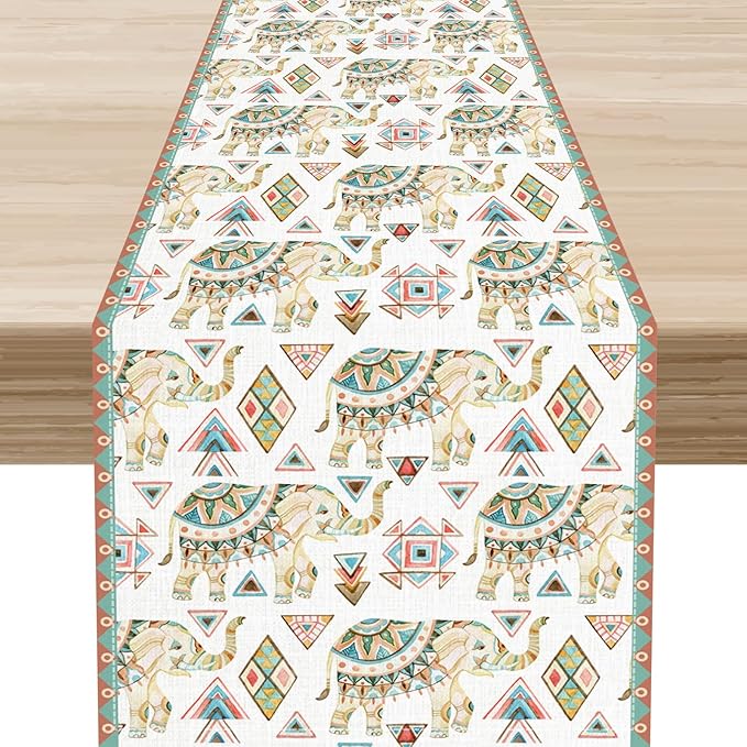 Boho Elephant Table Runner, Rustic African Tribal Indian Diwali Aztec Bohemian Green Geometric Coffee Table Center Decor for Home Kitchen Dining Holiday Party Outdoor Table Decorations, 13"x72"