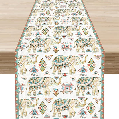 Boho Elephant Table Runner, Rustic African Tribal Indian Diwali Aztec Bohemian Green Geometric Coffee Table Center Decor for Home Kitchen Dining Holiday Party Outdoor Table Decorations, 13"x36"