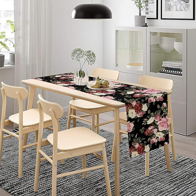 Gothic Floral Table Runner,Vintage Pink Red Rose Flower Print Table Runner for Kitchen Dining Table Indoor Outdoor Home Party Decor,Black 13x120in