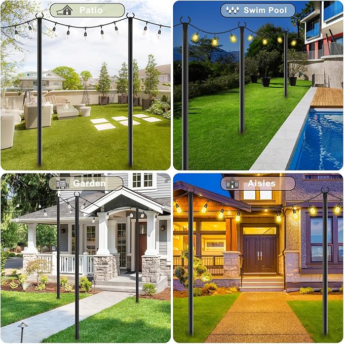 6 Pack String Light Poles,Metal Poles for Hanging Outdoor Light Strings,7 Pack 10 FT Light Poles Stand for Outside Garden,Patio,Wedding,Backyard,Deck,Party