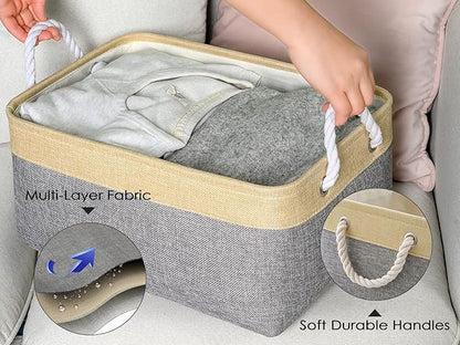 TheWarmHome Decorative Basket Rectangular Fabric Storage Bin Organizer Basket with Handles for Clothes Storage (Gold&Grey, Medium-1Pack,13.8L*9.8W*6.7H)