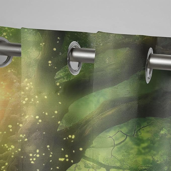 Fantasy Theme Waterproof Indoor/Outdoor Curtains,Forest Pattern,Privacy Weatherproof Grommet Outside Curtains for Porch, Pergola, Cabana,2 Panel,W54 x L96,Green