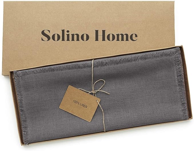 Solino Home Fringe Linen Table Runner 60 Inches - 100% Pure Linen Charcoal Table Runner 14 x 60 Inch Ideal for Dresser and Coffee Tables - Winter, Spring