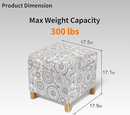 Adeco 17" Square Ottoman with Storage, Small Mandala-Persian Flower Pattern Storage Ottoman Foot Rest with Hinged Lid & Solid Wood Legs, Linen Fabric Foot Stool for Living Room & Bedroom