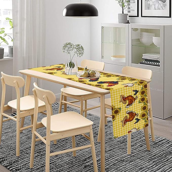 Farm Rooster Table Runner, Retro Western Farmhouse Chicken Sunflower Retro Yellow Buffalo Grid Print Table Runner for Dinning Holiday Party Indoor Outdoor Decor, 13x108inch