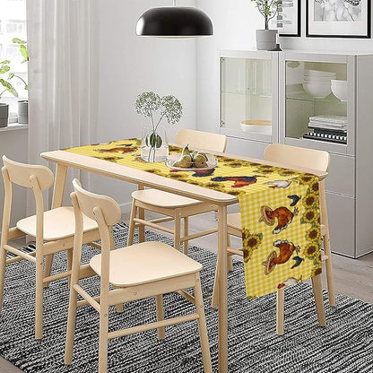 Farm Rooster Table Runner, Retro Western Farmhouse Chicken Sunflower Retro Yellow Buffalo Grid Print Table Runner for Dinning Holiday Party Indoor Outdoor Decor, 13x70inch