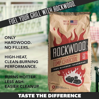 Rockwood Premium Hardwood Lump Charcoal – Oak, Hickory & Cherry Blend for Restaurant Quality Barbecue Smoking & Grilling – Smoky Flavor BBQ, Clean Burning for Kettle & Kamado Grills – 20lbs (1 Pack)