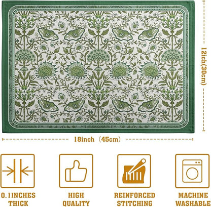 Green Floral Boho Placemats Set of 4, 12x18 Inch Vintage Chinoiserie Block Print Place Mats Seasonal Spring Summer Rustic Farmhouse Table Mats for Party Kitchen Dining Outdoor Indoor Decor