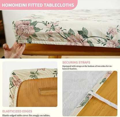Rectangle Picnic Table Cloth, Elastic Waterproof Fitted Vinyl Tablecloths for 4 Foot Tables, Wipeable Flannel Backed Table Covers for Dining, Camping, Outdoor(Rose,24"x48")