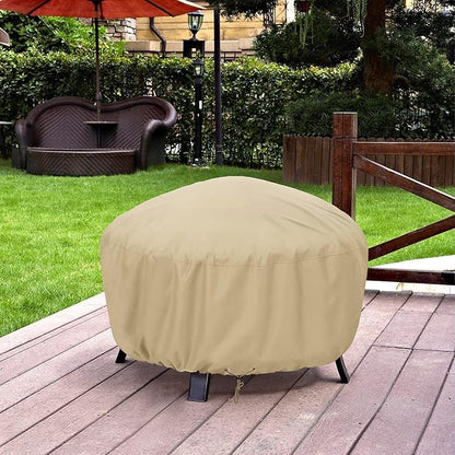 SunPatio Fire Pit Cover, Heavy Duty Waterproof Round Patio Fire Table Bowl Cover with Adjustable Drawstring, Round 45" D x 22" H, Beige