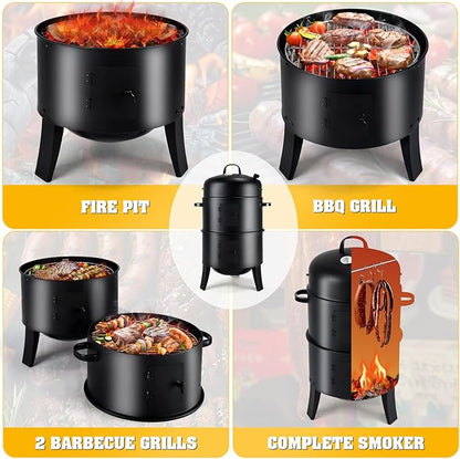 TCFUNDY 32" Vertical Charcoal Smoker Grill, Heavy-Duty BBQ Grill with Built-in Thermometer, 3 in 1 Grill and Smoker, Portable Meat Cooker with Air Vent for Outdoor Barbecue Cooking