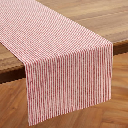 Solino Home Linen Table Runner 120 Inches Long - Narrow Stripe, 100% Pure Linen Red and White Table Runner 14 x 120 Inch for Dining, Valentines, Winter, Spring, Easter