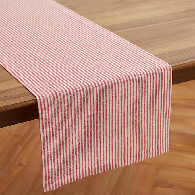 Solino Home Linen Table Runner 36 Inches - Narrow Stripe, 100% Pure Linen Red and White Small Table Runner 14 x 36 Inch Ideal for Dresser and Coffee Tables - Valentines, Winter, Spring, Easter