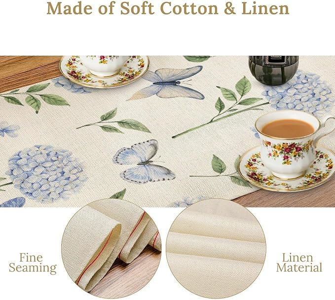 Hydrangea Butterfly Table Runner, Seasonal Spring Summer Table Runner for Holiday Kitchen Dining Home Party Outdoor 13x70in