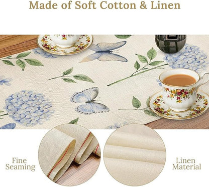 Hydrangea Butterfly Table Runner, Seasonal Spring Summer Table Runner for Holiday Kitchen Dining Home Party Outdoor 13x90in