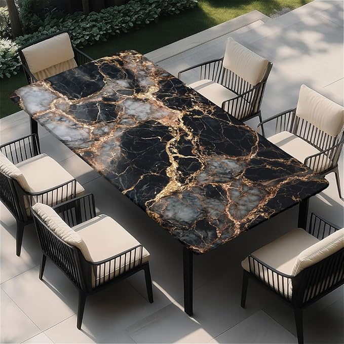 Rectangle Table Cloth Cover Waterproof Elastic Fitted Polyester Fitted Tablecloths for 8 Foot Tables for Indoor,Picnic, Camping, Outdoor （96" x 30"，Black Marble）