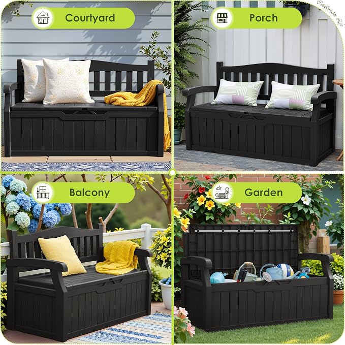 Greesum 80 Gallon Outdoor Storage Bench, Deck Box, Dark Black | - Image 7