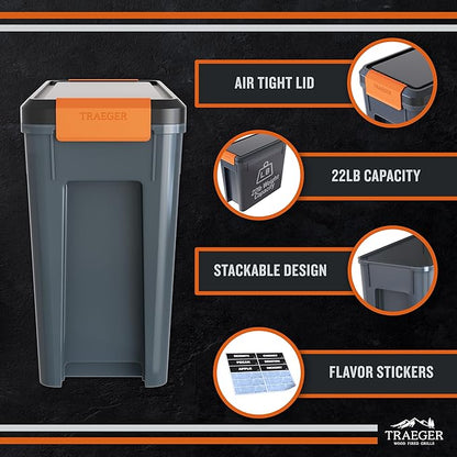 Traeger Grills BAC637 Stay Dry Pellet Storage Bin with Locking Lid, 22lb Capacity Wood Pellet Container with Flavor Stickers, Stackable Design, Airtight Storage for Grill Pellets
