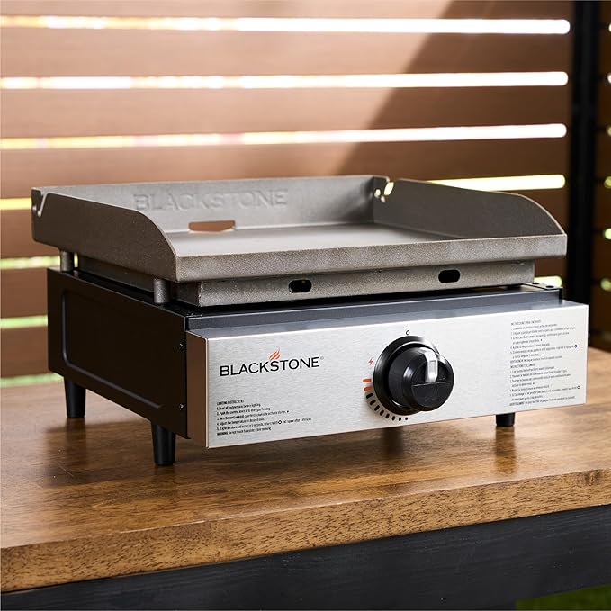 Blackstone 1971 Original 17” Tabletop Griddle with Stainless Steel Front Plate, Powder Coated Steel, Black