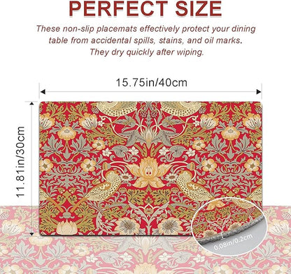 Strawberry Thief Red Placemats - Placemats Set of 4 Faux Leather Heat Resistant for Dinner Table, Non-Slip Waterproof Oil-Proof Washable Reusable Placemat for Indoor Outdoor Kitchen