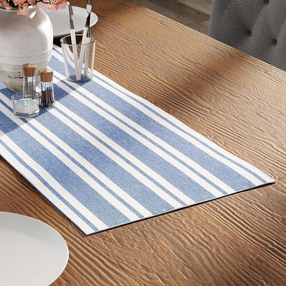 Encasa XO Cotton Dining Table Runner | Franca Blue Stripes | Size 13x36 in - Machine Washable & Durable